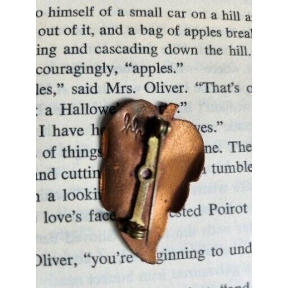 Red Orange Enameled Metal Leaf Pin Signed hh? yy? - Picture 2 of 4